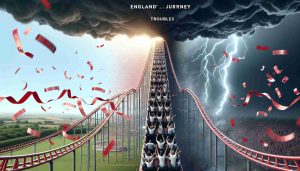 A high-definition, realistic image of a metaphoric rollercoaster ride showcasing England's journey. The start of the coaster represents triumph with a bright sky, ticker tape confetti and cheering crowds. The ride then dives into the 'troubles' part, signified by ominous dark clouds and lightning, jagged, plunging track sections and stormy surroundings.