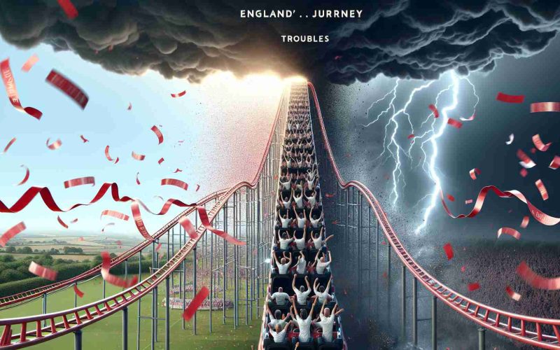 A high-definition, realistic image of a metaphoric rollercoaster ride showcasing England's journey. The start of the coaster represents triumph with a bright sky, ticker tape confetti and cheering crowds. The ride then dives into the 'troubles' part, signified by ominous dark clouds and lightning, jagged, plunging track sections and stormy surroundings.