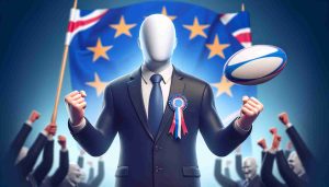 High-definition, realistic image of a newly elected, anonymous politician who has triumphed in a European Rugby Vote. The politician should be portrayed in a celebratory pose, exuding the joy and satisfaction of a significant achievement. The background should feature symbolism related to the sport of rugby and the accolade - a rugby ball, rugby field, or rugby posts could be included.