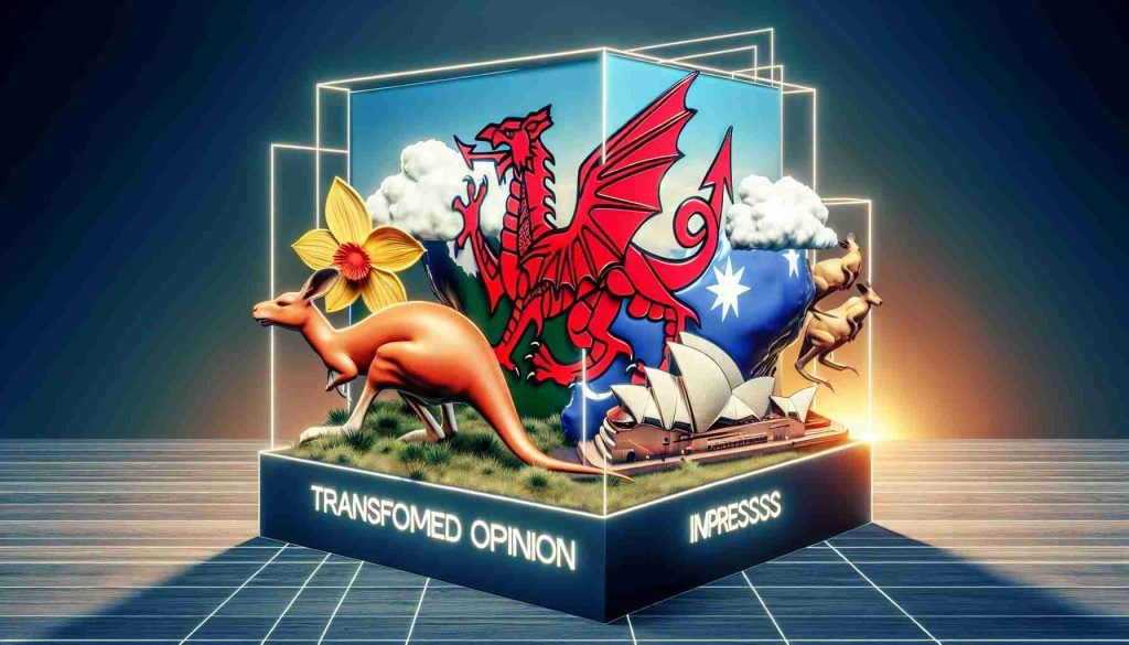 A realistic high-definition image embodying the metaphor 'Transformed Opinion: Impressive Wales Set to Conquer Australia'. This could include symbols representing Wales such as a dragon or daffodil, and symbols representing Australia such as a kangaroo or the Sydney Opera House. The Welsh symbols are depicted as strong and impressive, symbolizing the concept of 'conquering' or rising above the Australian symbols.