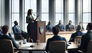 A high-definition, photorealistic image of an important and powerful message being conveyed to the members of a generic rugby organization. The scene takes place inside a large meeting room. At one end of the room, a South Asian woman stands at a podium, delivering the potent message. Her hand gestures depict the intensity of her words. At the other end, a diverse group of council members are intently listening. These include a Black man, a Caucasian man, a Hispanic woman and a Middle-Eastern man, all shown as engaged and thoughtful, reflecting the weight of the message shared.