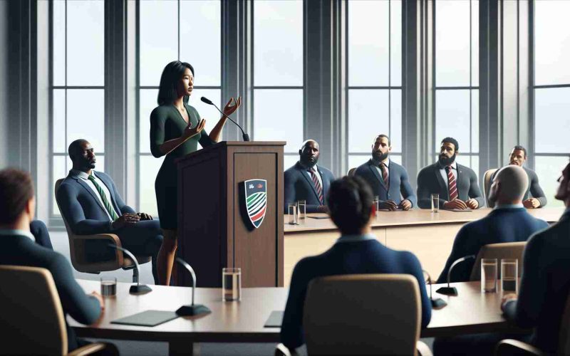 A high-definition, photorealistic image of an important and powerful message being conveyed to the members of a generic rugby organization. The scene takes place inside a large meeting room. At one end of the room, a South Asian woman stands at a podium, delivering the potent message. Her hand gestures depict the intensity of her words. At the other end, a diverse group of council members are intently listening. These include a Black man, a Caucasian man, a Hispanic woman and a Middle-Eastern man, all shown as engaged and thoughtful, reflecting the weight of the message shared.