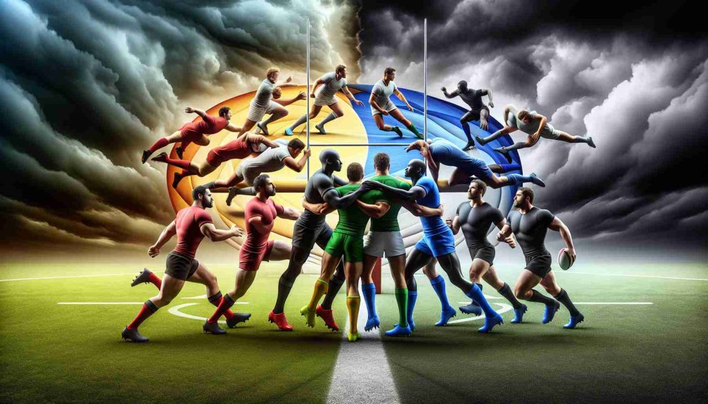 A realistic high-definition image depicting the idea of a new era in rugby, represented through an abstract concept embracing controversy and personality. Perhaps there is a symbolic representation of controversy, such as a stormy sky. Figures of rugby players could be seen, with Caucasian, Hispanic, and Black players showing their individual personality through their distinct actions and expressions. The rugby field in the background could be vibrant under the contrasting stormy sky, symbolizing the controversial but exciting path awaiting.