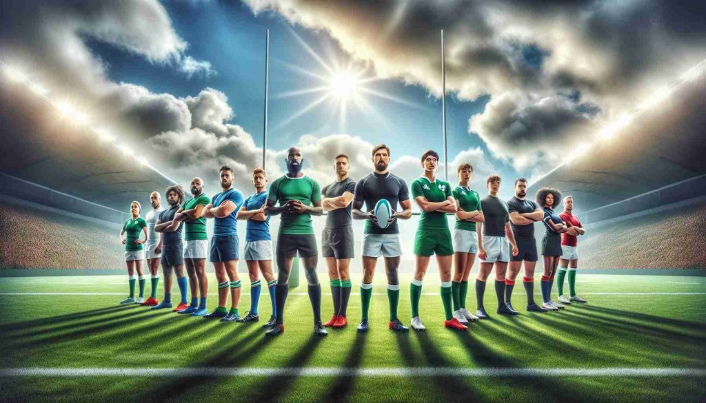 Generate a High-definition realistic image showcasing a new era in Irish Rugby. The scene should have an expansive, lush, green field marked for rugby under a bright, sunny sky. In the foreground, include a diverse mix of male and female rugby players from various descents like Caucasian, Black, Hispanic, and Middle-Eastern. The players should be in modern sports attire, each grasping a rugby ball, symbolizing readiness and unity. Replace the usual rugby posts with symbolic futuristic-looking goal posts signifying the dawn of a new era.