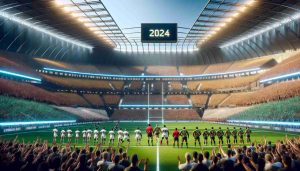 An ultra high-definition and hyperrealistic image depicting a forthcoming 2024 rugby showdown. The scene is set in a bustling, massive stadium filled to the brim with cheering fans. Two rugby teams are lined up on the brilliantly green turf. Excitement and anticipation are tangible in the air as everyone awaits the start. A South Asian female player can be seen leading one team, while an African player leads the other. The large electronic scoreboard overhead shows '2024', symbolizing the year of this unforgettable showdown.