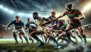 Generate a highly detailed, high-definition image showcasing an intense moment during a Rugby showdown. The scene should be full of energy; players of diverse descents and genders, Caucasian, Hispanic, Middle-Eastern, South Asian, Black, White, male and female, should be seen vying for the ball with determination painted on their faces, their muscles tensed, all mid-action. The pitch should be vibrant green under their cleats, audience in the distance, their cheers almost tangible. The lighting should imply the time of day either daytime or twilight.