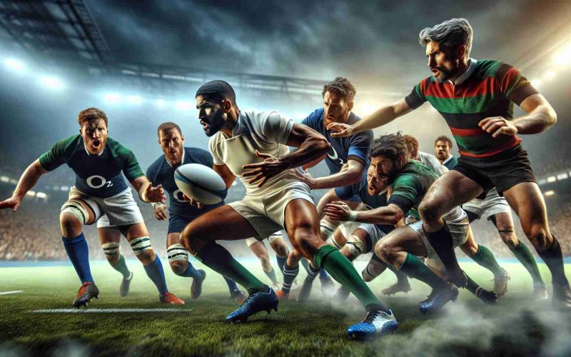 Generate a highly detailed, high-definition image showcasing an intense moment during a Rugby showdown. The scene should be full of energy; players of diverse descents and genders, Caucasian, Hispanic, Middle-Eastern, South Asian, Black, White, male and female, should be seen vying for the ball with determination painted on their faces, their muscles tensed, all mid-action. The pitch should be vibrant green under their cleats, audience in the distance, their cheers almost tangible. The lighting should imply the time of day either daytime or twilight.