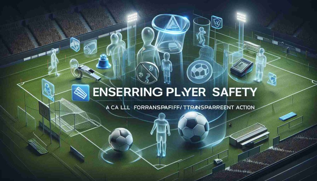 High definition realistic image portraying the concept of advocating for player safety in sports. This image could include symbols like a whistle, helmet, or padding and transparent elements to indicate transparency. Also incorporate sports fields, arenas, or equipment to make the context clear. Include a large title 'Ensuring Player Safety: A Call for Transparent Action' across the top or bottom in an easy-to-read, bold font.