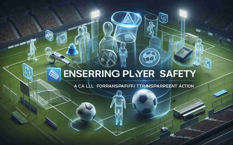 High definition realistic image portraying the concept of advocating for player safety in sports. This image could include symbols like a whistle, helmet, or padding and transparent elements to indicate transparency. Also incorporate sports fields, arenas, or equipment to make the context clear. Include a large title 'Ensuring Player Safety: A Call for Transparent Action' across the top or bottom in an easy-to-read, bold font.