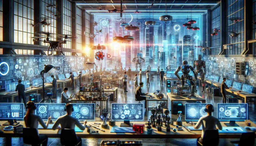 A high-definition, realistic image depicting the concept of revolutionizing the world of technology. The scene may include an array of advanced technological devices such as virtual reality headsets, drones, autonomous robots, and more, scattered across a high-tech futuristic office setting or lab. Some tech-workers of varying descents and genders are engaged in testing or creating new devices. Light streams in from a digital window displaying a constantly changing, vibrant cityscape of the future.