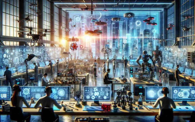 A high-definition, realistic image depicting the concept of revolutionizing the world of technology. The scene may include an array of advanced technological devices such as virtual reality headsets, drones, autonomous robots, and more, scattered across a high-tech futuristic office setting or lab. Some tech-workers of varying descents and genders are engaged in testing or creating new devices. Light streams in from a digital window displaying a constantly changing, vibrant cityscape of the future.