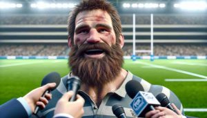 A realistic, high-definition image of a burly, bearded rugby player who is publically announcing his retirement from international rugby. The rugby player is clearly emotional, showing a mix of both joy and sorrow. The scene is set in a large rugby stadium, the green pitch visible in the background, while the player is surrounded by reporters with microphones and cameras.