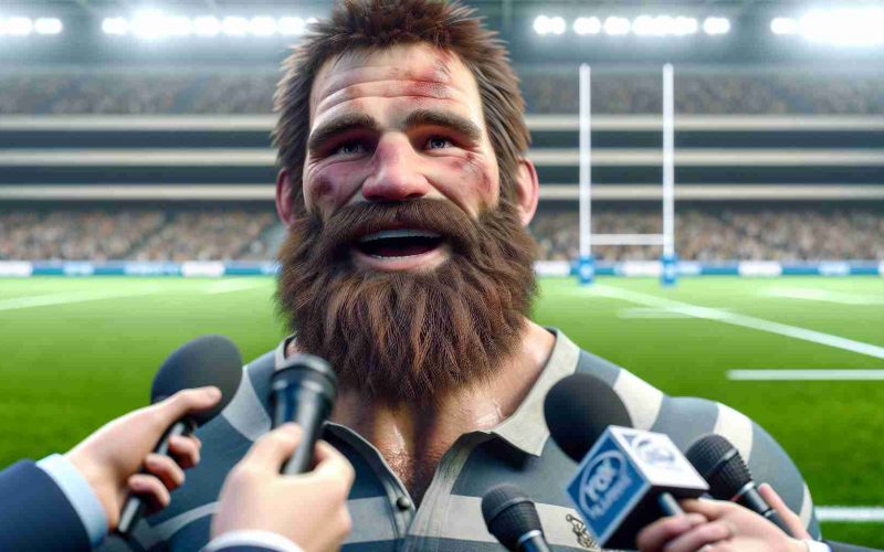 A realistic, high-definition image of a burly, bearded rugby player who is publically announcing his retirement from international rugby. The rugby player is clearly emotional, showing a mix of both joy and sorrow. The scene is set in a large rugby stadium, the green pitch visible in the background, while the player is surrounded by reporters with microphones and cameras.