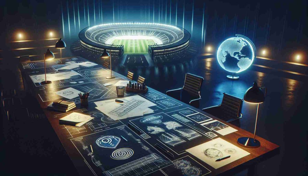 Visualize a realistic high-definition scene showcasing revolutionary plans in the works for a new global sports franchise. The scene could include a dimly lit room with an expansive table setup. Details such as blueprints for a grand stadium, logo drafts for the team, and rough sketches of innovative sports apparel laid out neatly on the table. An illuminated world globe stands in the corner, signifying the global reach of this new venture.