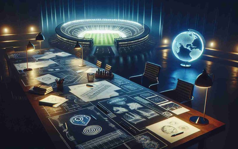 Visualize a realistic high-definition scene showcasing revolutionary plans in the works for a new global sports franchise. The scene could include a dimly lit room with an expansive table setup. Details such as blueprints for a grand stadium, logo drafts for the team, and rough sketches of innovative sports apparel laid out neatly on the table. An illuminated world globe stands in the corner, signifying the global reach of this new venture.