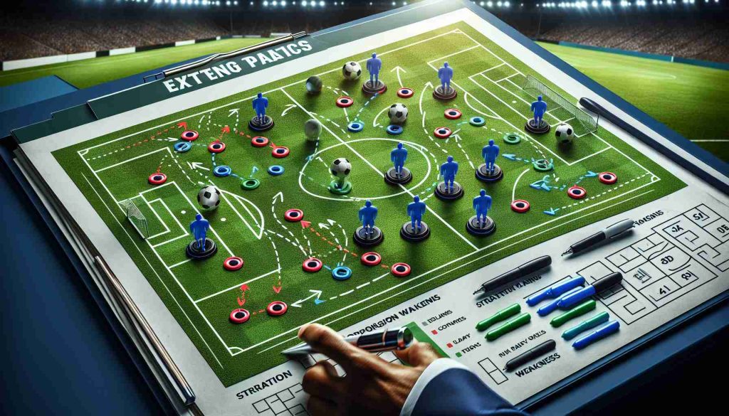 A high-definition, photorealistic image depicting a collection of exciting new strategic plans for a big weekend football game involving England's team. Highlight a large tactics board filled with different colored markers representing the positions of players, strategic arrows showing player movements, and notes on opposition weaknesses. Also include the view of a football field in the background. Please do not depict any specific individuals.