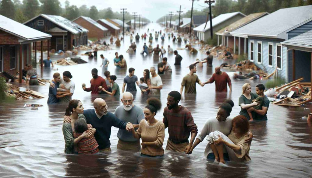 Generate a realistic, high-definition image portraying the theme of community unity. The scene should feature a diverse group of people, including both men and women of various descents such as Caucasian, Hispanic, Black, and South Asian, aiding each other in the aftermath of a flood. Imagine people helping others out of water, sharing resources, comforting each other, and starting the process of rebuilding their community in a backdrop of flooded streets and homes.