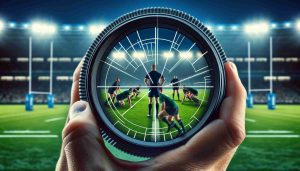 A high definition, realistic image portraying the metaphorical shifting lens of rugby strategy. The image might display a rugby field viewed through a camera lens that shifts from one strategic element to another. Focus on visualizing strategic aspects like positioning of players, their body language and the state of play in the game. Show the lens as if it is scanning the field for strategic endeavors.