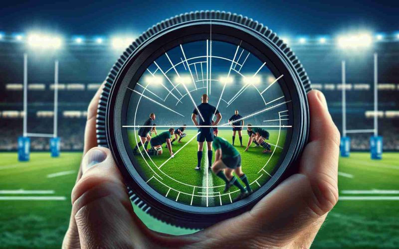 A high definition, realistic image portraying the metaphorical shifting lens of rugby strategy. The image might display a rugby field viewed through a camera lens that shifts from one strategic element to another. Focus on visualizing strategic aspects like positioning of players, their body language and the state of play in the game. Show the lens as if it is scanning the field for strategic endeavors.