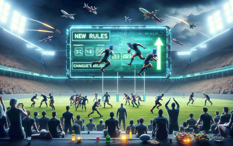 Generate a realistic, high-definition image illustrating a significant change in the sport of rugby. The setting takes place in the near future, circa 2025, where innovative rules are being introduced, altering the game's dynamics. This image could contain scenes such as a digital scoreboard displaying new rules, rugby players, of various descents and genders, engaged in play under these changed rules, and spectators reacting to the exciting alterations in the game.