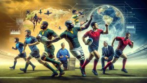 Generate a high-definition, realistic image depicting the evolution of rugby. It should include elements showcasing innovative aspects like advanced technology being incorporated in the equipment, strategies and coaching methodologies. Also manifest the concept of global expansion, with diverse players from different geographical regions. For instance, it can include a Black South-African forward player, a Caucasian Australian back player, a South-Asian coach from India, and a Hispanic referee from Argentina, all interacting on a well-maintained rugby field with a scenic background.