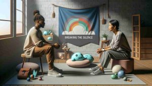 An HD, photorealistic image depicting the power of mental health conversations. Show a serene setting with two individuals engaged in a deep conversation. Let one individual be an Afro-Caribbean woman in her thirties with her hair neatly tied into a bun, while the other is an Asian man in his forties comfortably clothed in casual attire. They sit in a safe space decorated with subtle symbols of mental health, such as stress-relief toys and comforting colors. Across the setting, include a banner with the words 'Breaking the Silence'.