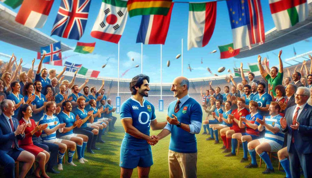 A HD photograph showing a change in leadership at a large international rugby organization. The image showcases a festive atmosphere with people from different backgrounds and genders, symbolizing unity in diversity. The new leaders, a South Asian man and a Caucasian woman, are in the foreground, shaking hands and smiling warmly. Banners and flags representing various countries flutter in the background, while happy colleagues and rugby athletes cheer them on. Clear blue sky is above and a lush green rugby field under their feet adds contrast and realism to the occasion. The picture captures the spirit of cooperation, leadership, and sportsmanship.