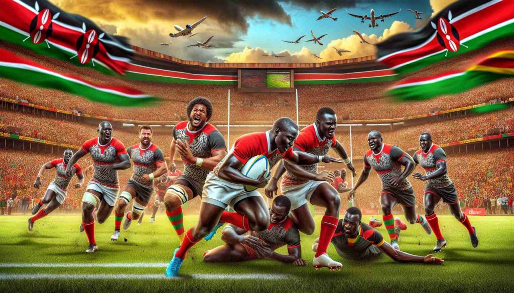 Vivid image of an exciting, high-definition rugby match where the Kenyan Simbas, represented by players of diverse descent including Black, Caucasian, and Middle-Eastern, are triumphing over the Ugandan Cranes, represented by players of equally varied descent such as Hispanic, South Asian, and White. Both teams are engaged in an intense struggle on the field, with action-packed drama, strength, speed, and sweat. The background landscape is filled with cheering crowds overflowing with anticipation and excitement. Key details, like the distinct team jerseys, the oval ball, and the beautifully manicured rugby pitch, should be evident.