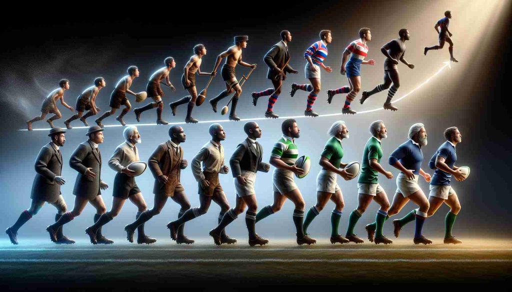 A high definition, realistic depiction of the evolution of Rugby. The image should exemplify change and adaptation, projecting a vision for a brighter future. It should start from the early days when the sport used simple leather balls and rudimentary equipment, transitioning towards the modern era with high tech gear and advanced playing fields. Include players of multiple descents like Caucasian, Black, Hispanic, Middle-Eastern, and South Asian. Diversify the gender among players over time to show the inclusiveness in the sport.