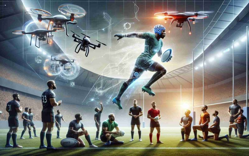 Realistic, high-definition image visualizing the future of rugby. Imagine a new era unfolding, with state-of-the-art technology seamlessly integrated into the sport, perhaps drones capturing game footage from unique angles or wearable technology enhancing player performance. Also, portray an inclusive scenario with players of diverse races and genders all actively participating in the game, promoting equality and diversity in the sport of rugby.