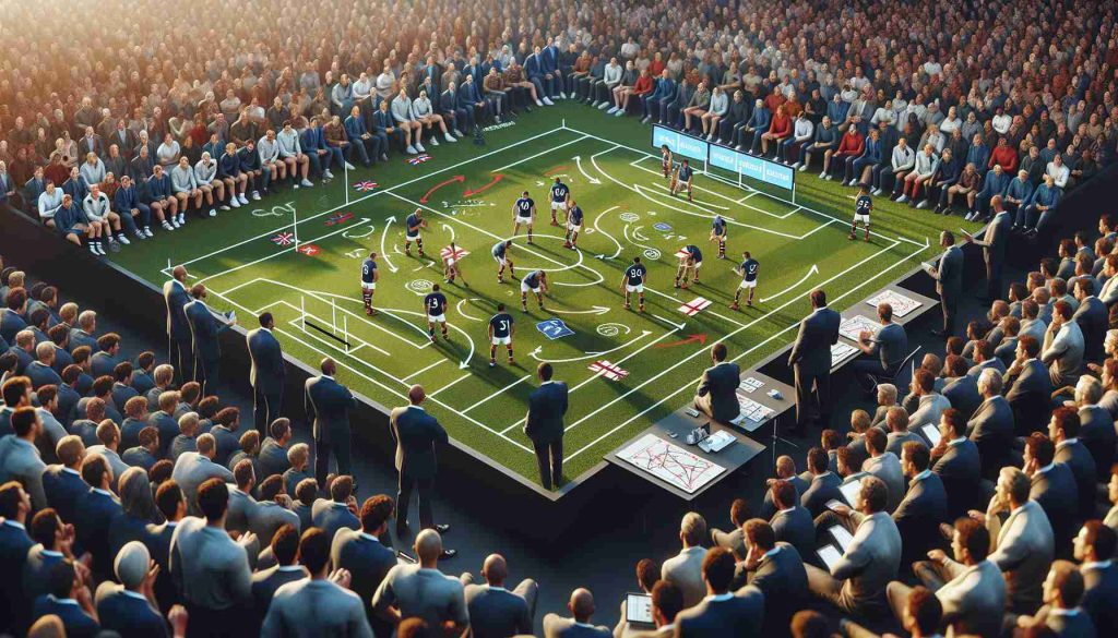 High resolution, realistic photo showcasing a fictitious sports match situation where an English sports team strategizes for a tactical shift in an upcoming game against a South African team. The scene should include a detailed view of a sports field, with annotated strategic diagrams, surrounded by focused, sportswear-clad athletes and coaches engrossed in the strategy session. The crowd should have people of all genders and descents uniformly spread throughout, showing their anticipation and excitement.