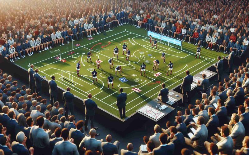 High resolution, realistic photo showcasing a fictitious sports match situation where an English sports team strategizes for a tactical shift in an upcoming game against a South African team. The scene should include a detailed view of a sports field, with annotated strategic diagrams, surrounded by focused, sportswear-clad athletes and coaches engrossed in the strategy session. The crowd should have people of all genders and descents uniformly spread throughout, showing their anticipation and excitement.