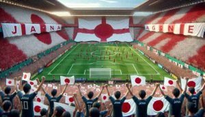 Generate a high-definition, realistic image depicting the sentiment of Japan's commendable performance despite a loss to England. The scene should consist of a soccer field with symbolic elements that represent Japan's fight and tenacity such as Japanese flags, armbands or banners in the crowd. The backdrop of England should also be present, implying the opponent in the game. Please note, create this image without figures of well-known individuals or players due to privacy reasons.