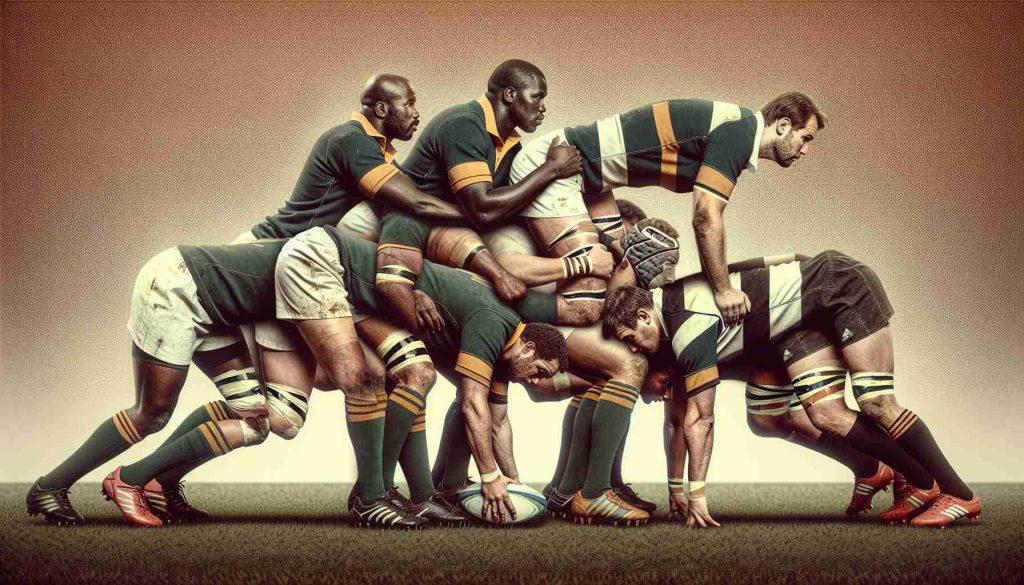 Generate a high-definition image showcasing the evolution of scrum dominance in South African rugby. The progression should start with a vintage image of an old, traditional scrum formation and gradually evolve into the modern iteration of the scrum. The players should include a diverse set of races such as Caucasians and Black people, showcasing the spirit of diversity in the sport. In the modern scrum setup, make sure to show the power, coordination, and inherent strategies in play.