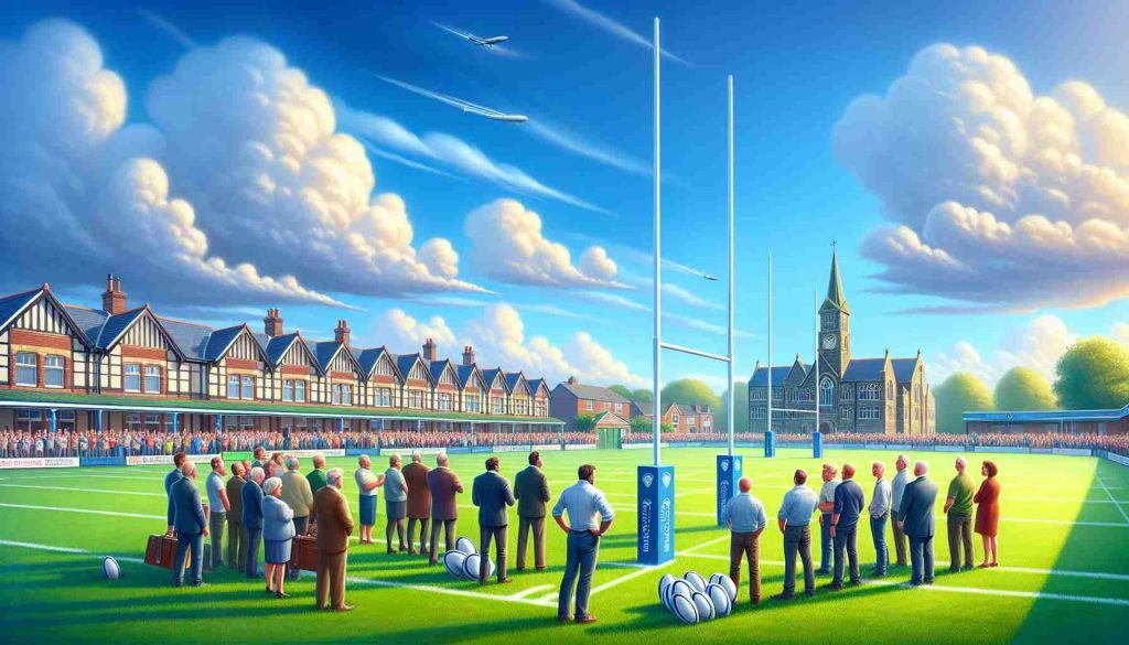 Generate a realistic, high-definition image showing the scene of a local rugby club ground where new rugby posts have just been unveiled. Include details such as the lush green field beneath a vibrant blue sky, the white, freshly painted rugby posts standing tall against the skyline and the local people standing around, their faces beaming with excitement and pride.