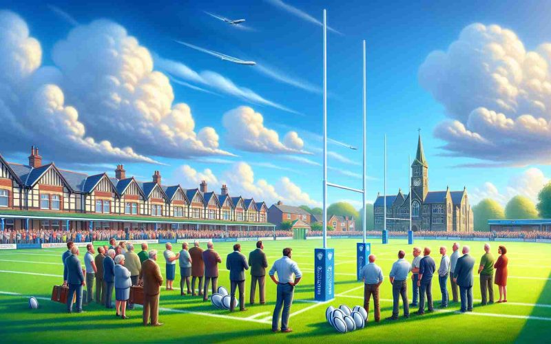 Generate a realistic, high-definition image showing the scene of a local rugby club ground where new rugby posts have just been unveiled. Include details such as the lush green field beneath a vibrant blue sky, the white, freshly painted rugby posts standing tall against the skyline and the local people standing around, their faces beaming with excitement and pride.