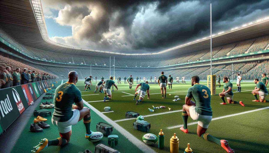 Realistic high-definition photo of the South African rugby team preparing for a match against the England team. The shot encapsulates the intensity and anticipation moments before the game begins. Visualization includes players from both teams engaged in intense warm-up exercises on the green sports field. The audience, in bright colored team jerseys, wait eagerly while the cloudy skyline hints at the challenging conditions they will play under. The green pitch is marked with white lines, full of rugby equipment like balls, training cones and water bottles, distributed around for players' facilitation.