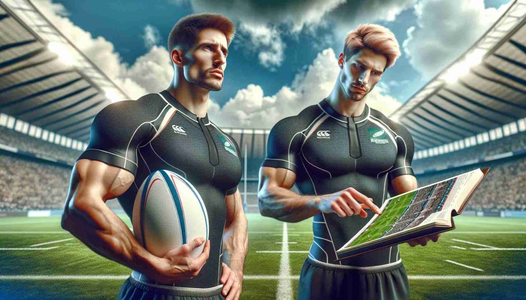 An immersive HD illustration of two professional athletes looking pensive as they contemplate switching to Rugby Union. The first athlete, a muscular individual with short dark hair, is holding a Rugby ball in his strong hands. The second athlete, a tall figure with strawberry blonde hair, is intently studying a playbook, indicating his determination to master the sport. They wear matching sports gear, embodying a team spirit. The backdrop is a sprawling Rugby field under a clear sky, perfectly capturing the atmosphere of the sport.