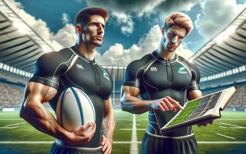 An immersive HD illustration of two professional athletes looking pensive as they contemplate switching to Rugby Union. The first athlete, a muscular individual with short dark hair, is holding a Rugby ball in his strong hands. The second athlete, a tall figure with strawberry blonde hair, is intently studying a playbook, indicating his determination to master the sport. They wear matching sports gear, embodying a team spirit. The backdrop is a sprawling Rugby field under a clear sky, perfectly capturing the atmosphere of the sport.