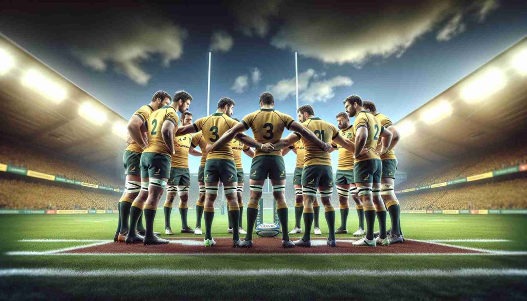 Generate a realistic high-definition image of a rugby team, the Wallabies, facing each other in a huddle and appearing determined or anxious, with the implication that they are planning a shake-up ahead of a European tour. The background is a rugby field complete with posts, score board and spectator seats.