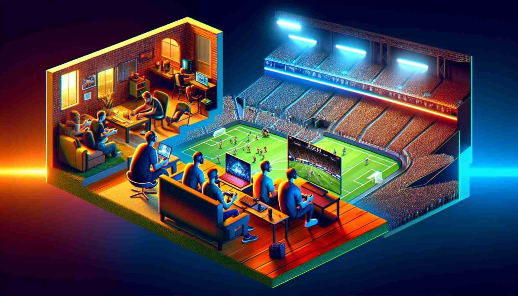 Create a high-definition, realistic representation of the growth and popularity of electronic sports within the United States market. The image should consist of three distinct sections. The leftmost part should contain visuals indicating the grassroots or startup phase of e-sports, potentially by showing a group of friends playing video games in a living room. The middle portion can symbolize the intermediate growth phase, perhaps by illustrating a small crowd watching a local e-sports tournament. The rightmost part should portray the current state of e-sports in the U.S., symbolized by a large, packed stadium with a professional e-sports competition taking place.