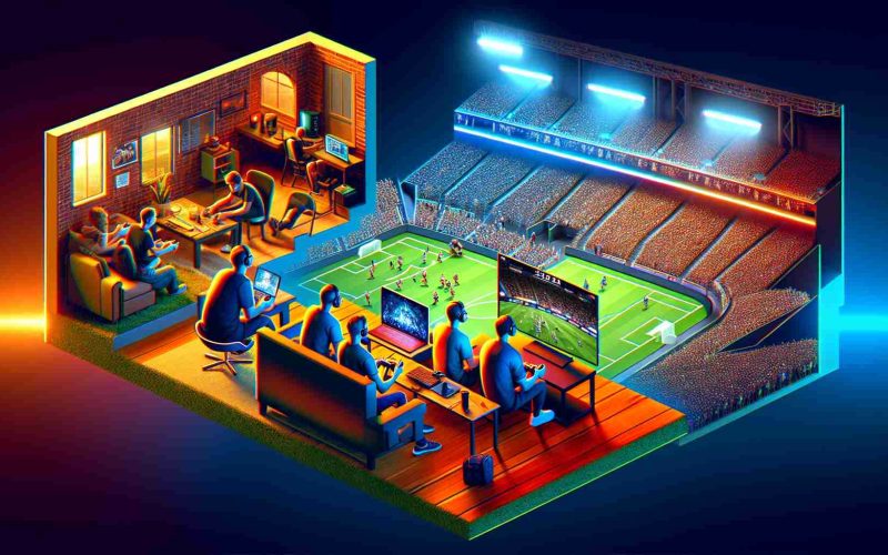 Create a high-definition, realistic representation of the growth and popularity of electronic sports within the United States market. The image should consist of three distinct sections. The leftmost part should contain visuals indicating the grassroots or startup phase of e-sports, potentially by showing a group of friends playing video games in a living room. The middle portion can symbolize the intermediate growth phase, perhaps by illustrating a small crowd watching a local e-sports tournament. The rightmost part should portray the current state of e-sports in the U.S., symbolized by a large, packed stadium with a professional e-sports competition taking place.