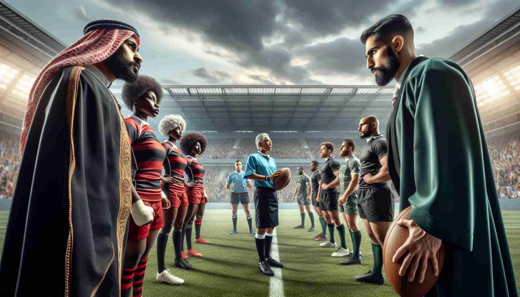 Imagine an impending intense showdown between rugby rivals captured in a realistic manner. Prioritize high definition details. In the scene, diverse teams are preparing to enter the field, with a Middle eastern male coach strategizing with African female team members in the foreground, while a Hispanic male referee holds a leather rugby ball, ready to start the match. A crowd of diverse spectators is in the background, showing excitement and anticipation. The sky above the stadium is overcast, adding to the dramatic atmosphere of the event.