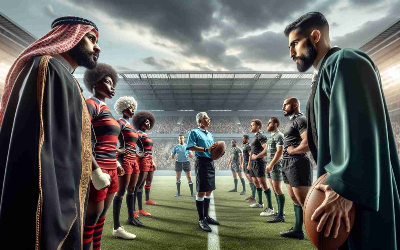 Imagine an impending intense showdown between rugby rivals captured in a realistic manner. Prioritize high definition details. In the scene, diverse teams are preparing to enter the field, with a Middle eastern male coach strategizing with African female team members in the foreground, while a Hispanic male referee holds a leather rugby ball, ready to start the match. A crowd of diverse spectators is in the background, showing excitement and anticipation. The sky above the stadium is overcast, adding to the dramatic atmosphere of the event.