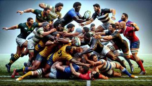 A highly detailed, realistic picture showcasing the dominance of the Southern Hemisphere in rugby. It highlights a powerful moment in a rugby game between mixed-gender teams divided by continents. One team represents the Southern Hemisphere, with a diverse makeup of black South African, white Australian, Hispanic Argentinian, and Polynesian New Zealander players. The other team represents the Northern Hemisphere, with an equally diverse mix of white English, black French, Caucasian Irish, and South Asian Scottish players. The Southern Hemisphere team is shown in full strength, scoring a try, suggesting their prevailing dominance in the sport.