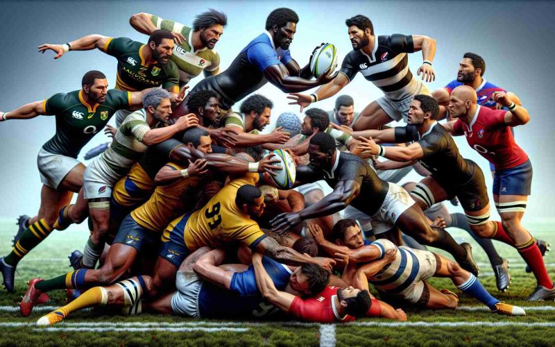 A highly detailed, realistic picture showcasing the dominance of the Southern Hemisphere in rugby. It highlights a powerful moment in a rugby game between mixed-gender teams divided by continents. One team represents the Southern Hemisphere, with a diverse makeup of black South African, white Australian, Hispanic Argentinian, and Polynesian New Zealander players. The other team represents the Northern Hemisphere, with an equally diverse mix of white English, black French, Caucasian Irish, and South Asian Scottish players. The Southern Hemisphere team is shown in full strength, scoring a try, suggesting their prevailing dominance in the sport.