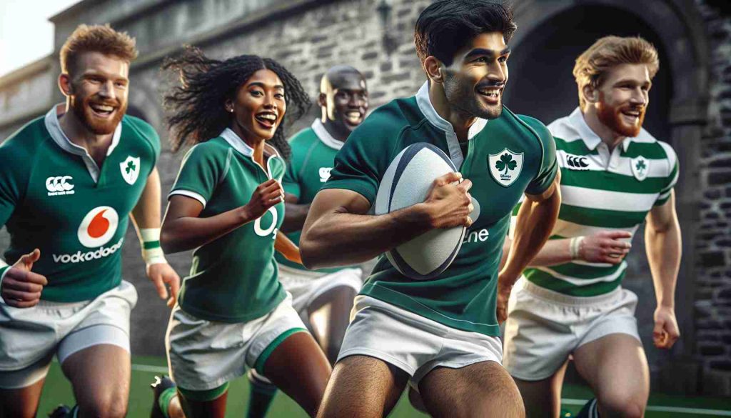 Detail-rich and high-definition image showcasing the rising new generation in Irish rugby. The scene depicts a mixed-gender group of enthusiastic Irish rugby players in their early twenties. While a South Asian male player carries the rugby ball, a Middle-Eastern female player is seen sprinting beside him, ready to assist. In the background, a Black male player and a White female player are preparing to defend their team. They are all dressed in rugby attire with green and white colours, signifying their Irish roots. The excitement and tenacity on their faces embody the bright future of Irish rugby.