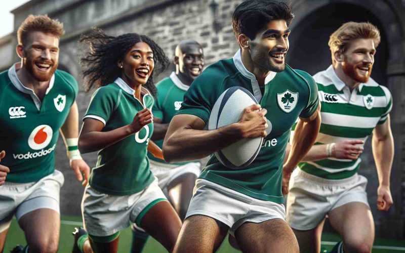 Detail-rich and high-definition image showcasing the rising new generation in Irish rugby. The scene depicts a mixed-gender group of enthusiastic Irish rugby players in their early twenties. While a South Asian male player carries the rugby ball, a Middle-Eastern female player is seen sprinting beside him, ready to assist. In the background, a Black male player and a White female player are preparing to defend their team. They are all dressed in rugby attire with green and white colours, signifying their Irish roots. The excitement and tenacity on their faces embody the bright future of Irish rugby.