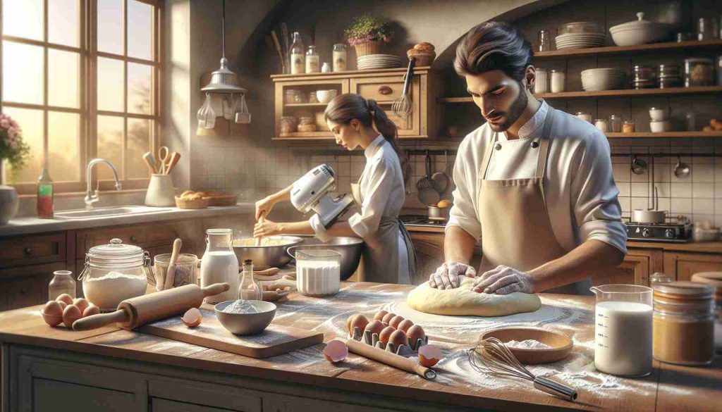 A high-definition, photorealistic image depicting the art of pastry making. Show a Caucasian male pastry chef skillfully kneading dough on a flour-dusted wooden countertop. In the corner, a Middle-Eastern female assistant can be seen carefully rolling out the dough with a rolling pin. There should be an abundance of raw ingredients like eggs, milk, flour, and sugar on the sides. Also, a variety of baking tools like mixers, whisks and measuring spoons should be visible. A warm, inviting kitchen environment bathed in soft, natural light coming from a nearby window sets up the scene.