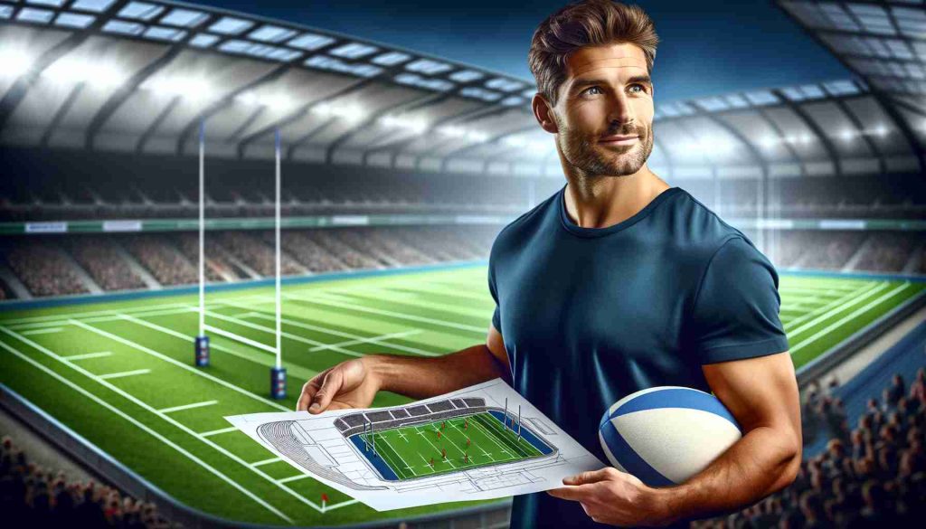 A realistic HD image of a caucasian male with athlete physique in his mid-thirties, showing him innovating the rugby landscape with exciting plans. He has short brown hair, a dedicated look on his face and is seen holding a blueprint of a rugby field with some revolutionary modifications, all while standing on an actual rugby field.